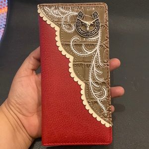 Mens Western Cowboy Faux Leather Long Wallet Billetera Red & Brown